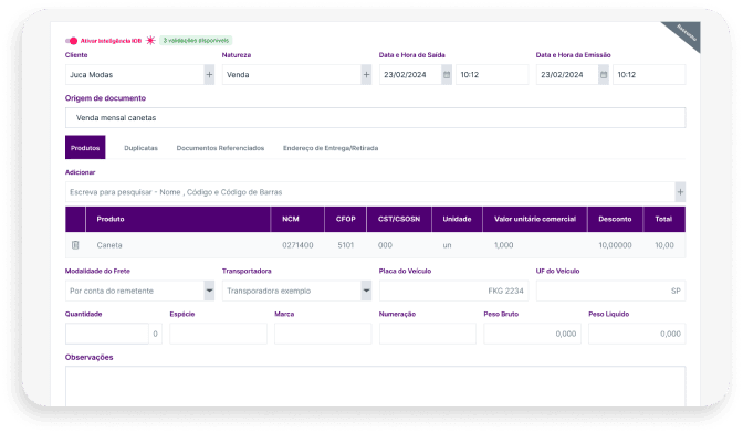tela da emissão de nota fiscal de produto no IOB Emissor