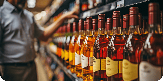 Prateleiras com garrafas de bebidas importadas