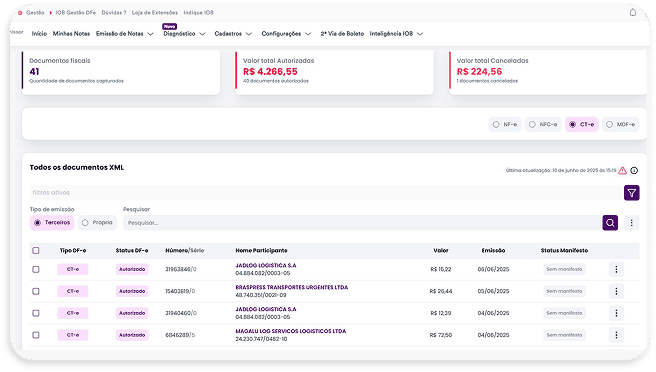 tela do painel de Diagnóstico no IOB Emissor