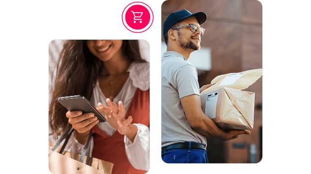 Mulher faz compras pelo celular e entregador com caixas na mão