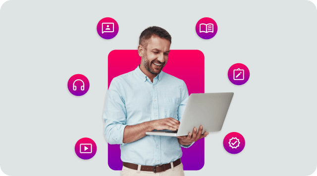 Empreendedor cercado por ícones multitarefas