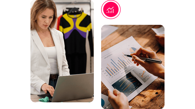Empresária consulta gráficos no notebook e em relatórios impressos