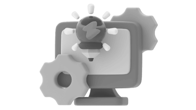 Ícone de computador com engrenagens e lâmpada acesa.