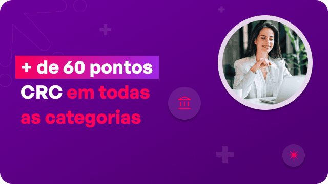 Fundo roxo, mulher sorridente, texto "mais de 60 pontos CRC"