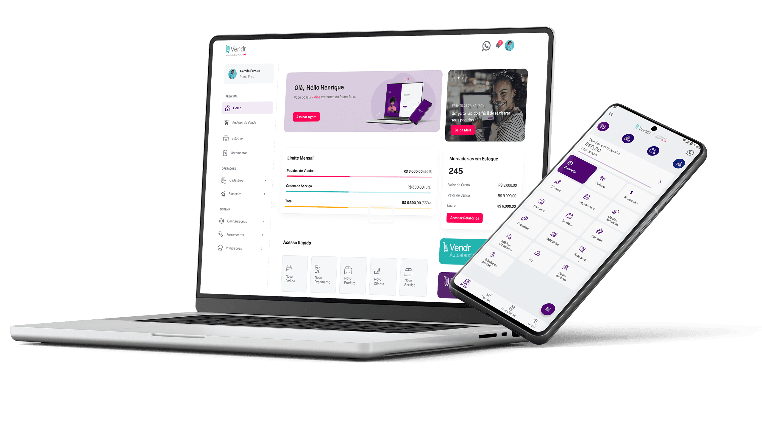 Telas do sistema Vendr em um notebook e celular
