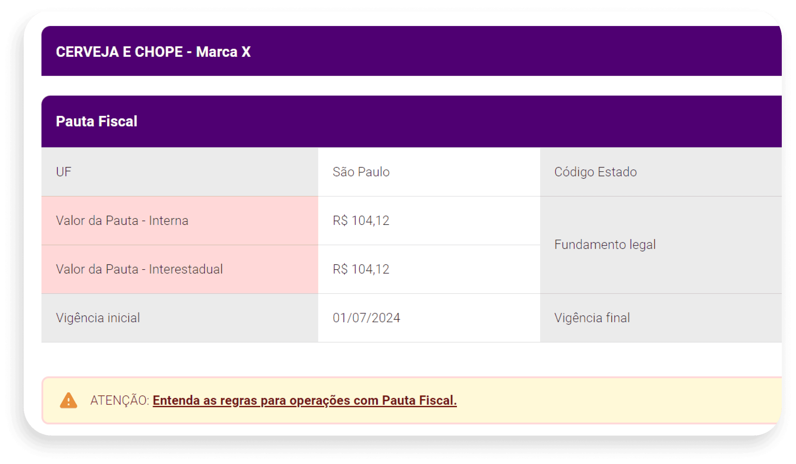 Tela do sistema IOB para consulta de pauta fiscal 