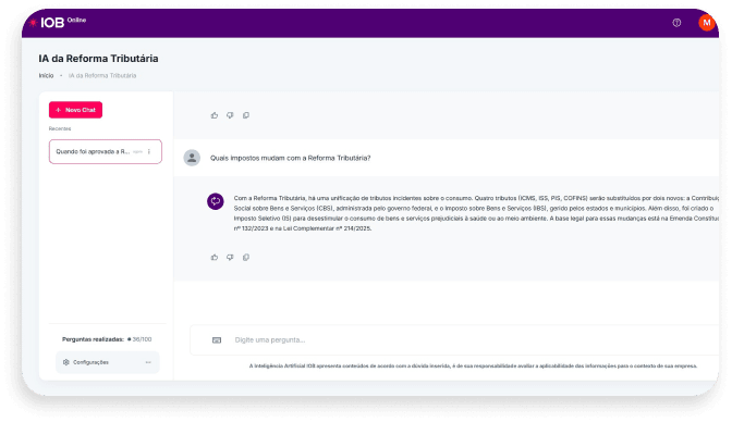 Tela do chat da IA da Reforma Tributária IOB