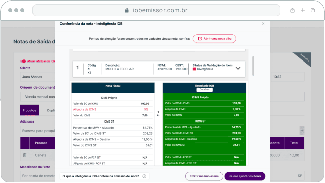 Tela do módulo Pré-validação de impostos no sistema IOB Emissor