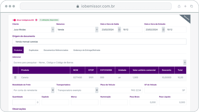 Tela do emissor de nota fiscal IOB
