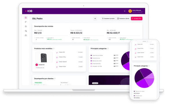 Tela inicial do sistema IOB PME em um notebook e um celular