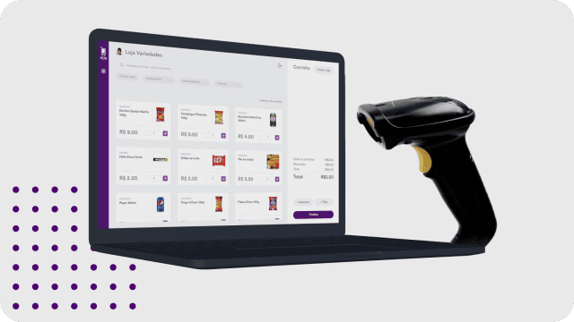 Tela do Vendr em um notebook e leitor de código de barras